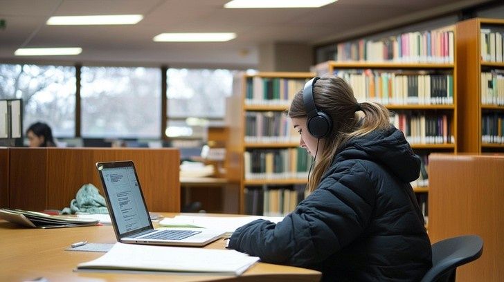 Student wearing headphones studies with a laptop in a library
